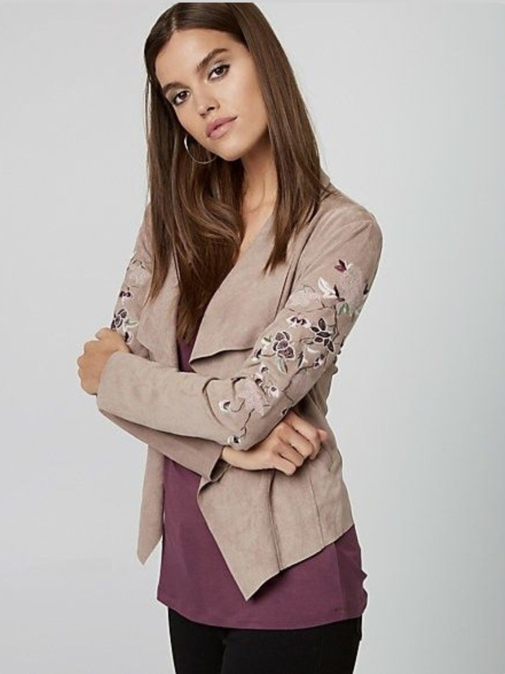 NEW Le Chateau S Embroidered Taupe Suede-Look Open Front Jacket